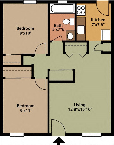Floor plan for 2 beds, 1 bath, 572 sqft